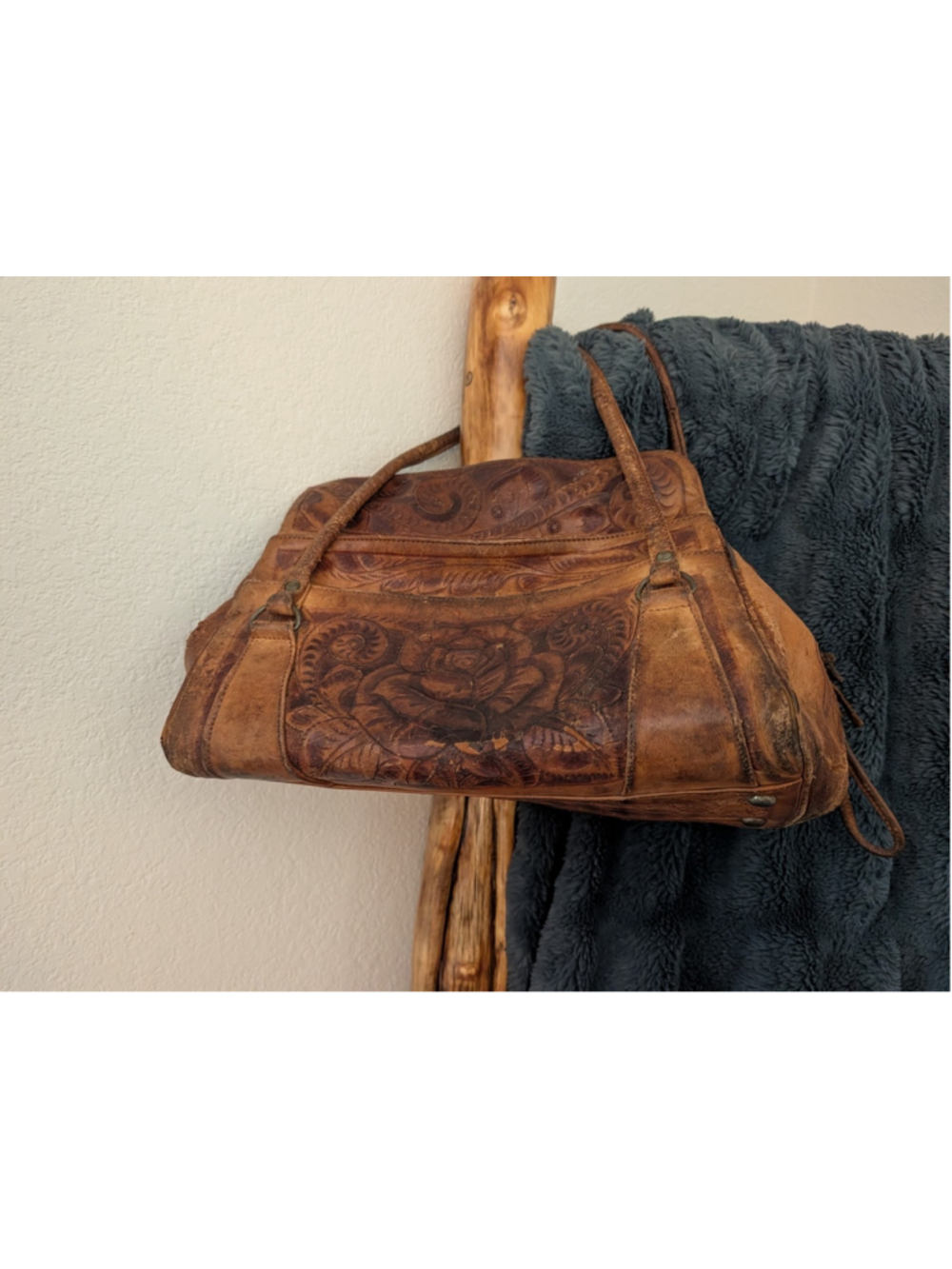 Vintage Tooled Leather Handbag Purse Floral Western Boho 1950s 60s AS IS